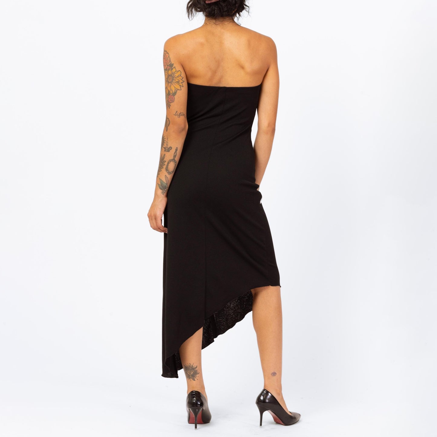 Vintage 90s Black Strapless Party Dress - Small | Asymmetrical Hem Pink Striped Cocktail Midi Dress