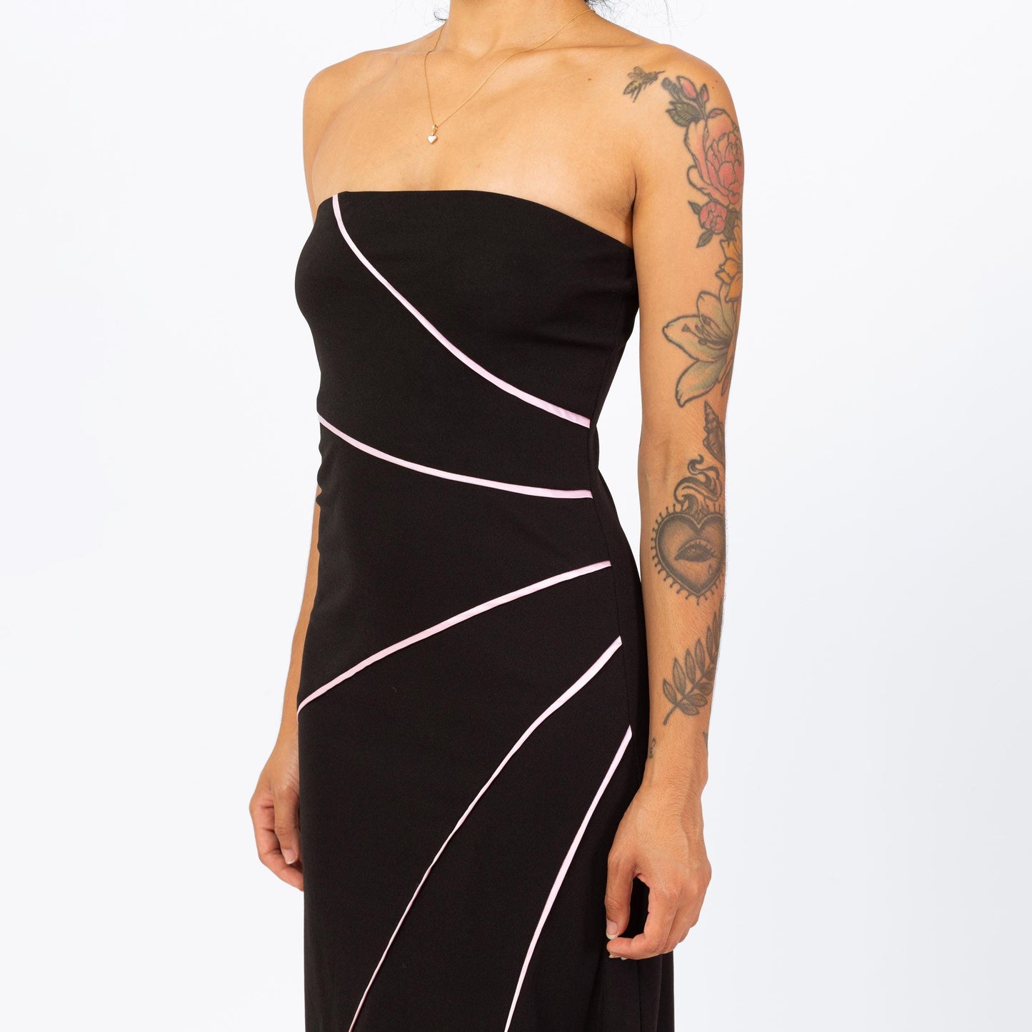 Vintage 90s Black Strapless Party Dress - Small | Asymmetrical Hem Pink Striped Cocktail Midi Dress