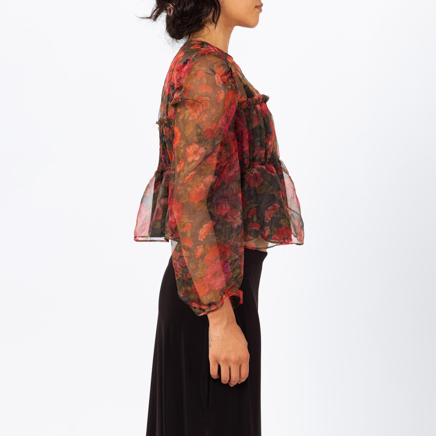 Vintage Y2K Sheer Red Floral Organza Puff Sleeve Blouse - Small | Romantic Gothic Long Sleeve Cropped Top