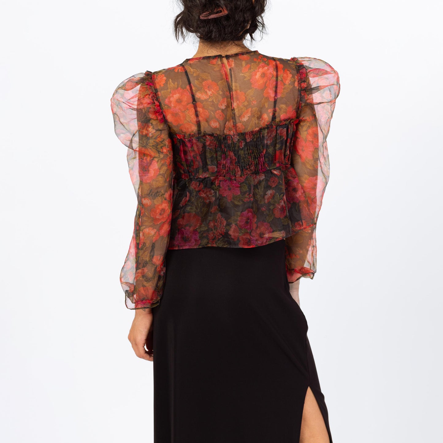 Vintage Y2K Sheer Red Floral Organza Puff Sleeve Blouse - Small | Romantic Gothic Long Sleeve Cropped Top