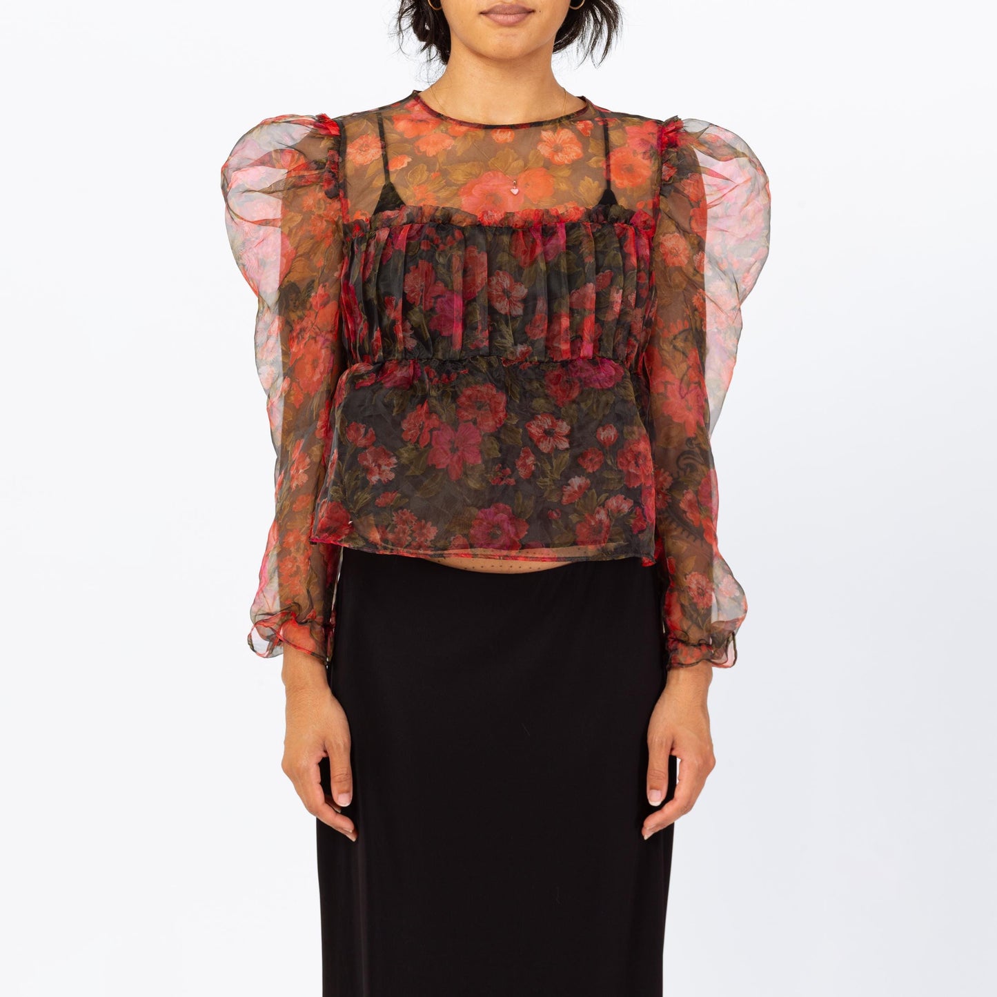 Vintage Y2K Sheer Red Floral Organza Puff Sleeve Blouse - Small | Romantic Gothic Long Sleeve Cropped Top