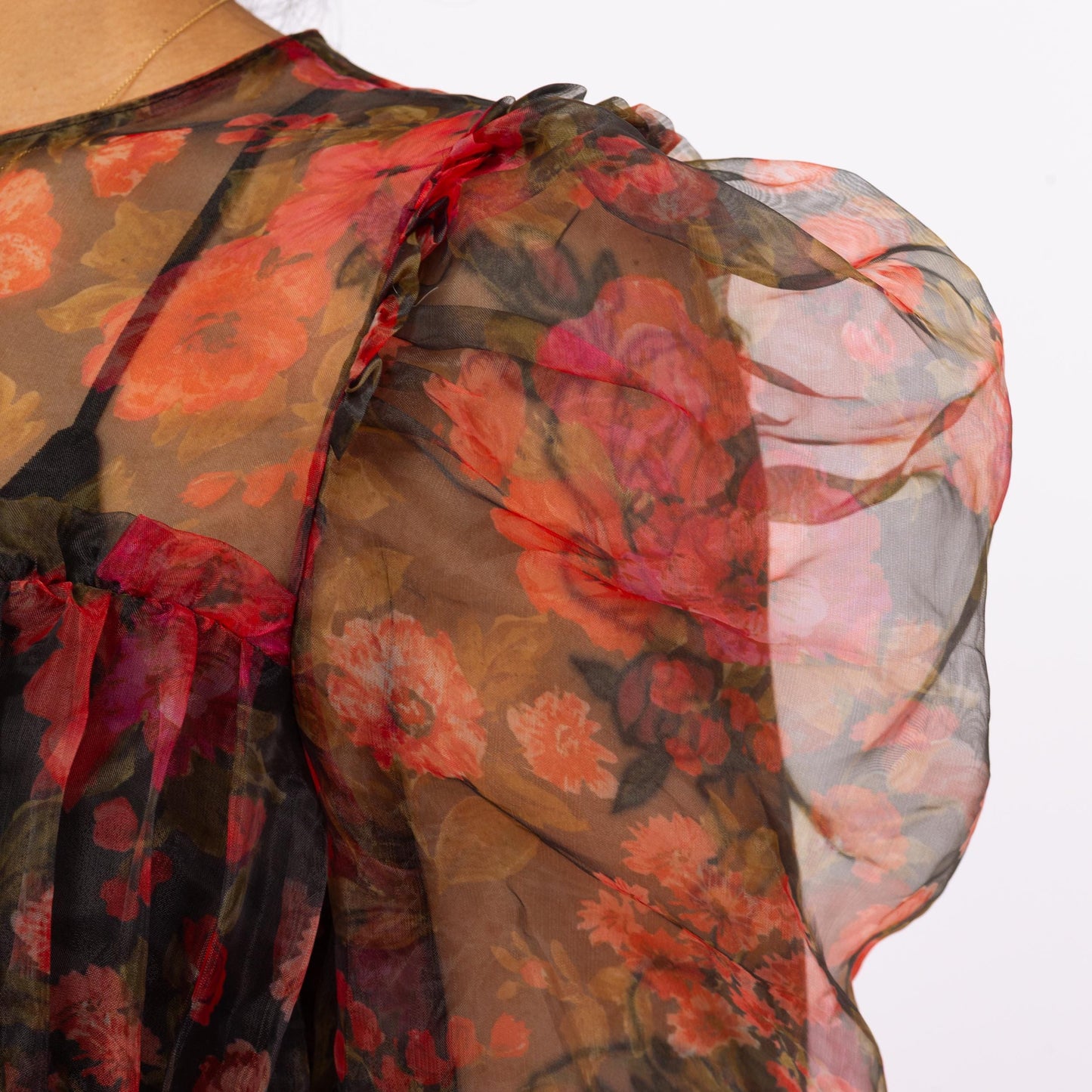 Vintage Y2K Sheer Red Floral Organza Puff Sleeve Blouse - Small | Romantic Gothic Long Sleeve Cropped Top