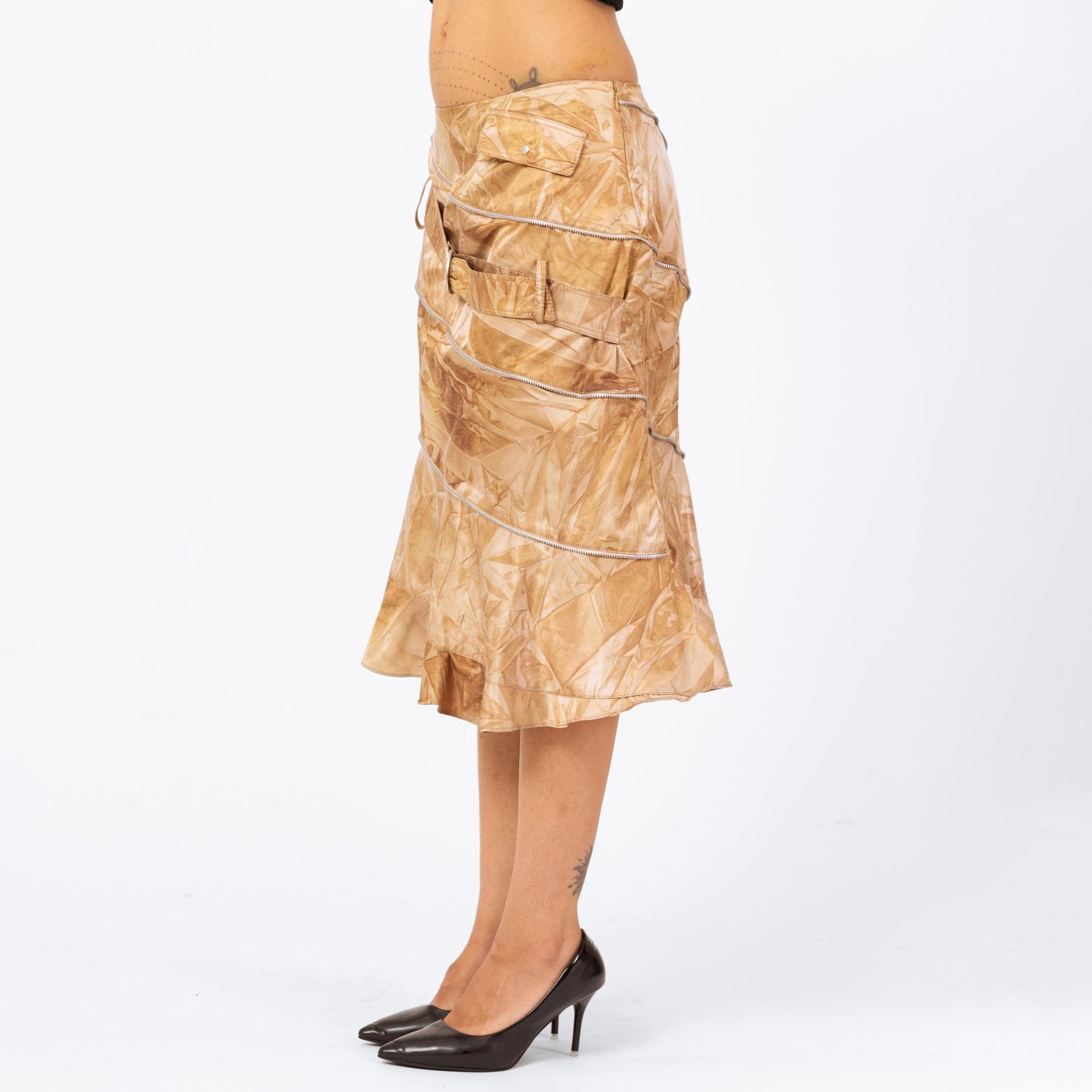 Vintage 90s Alberto Makali Zipper Midi Skirt - Medium | Designer Low Rise Crinkle Print Trumpet Hem Skirt