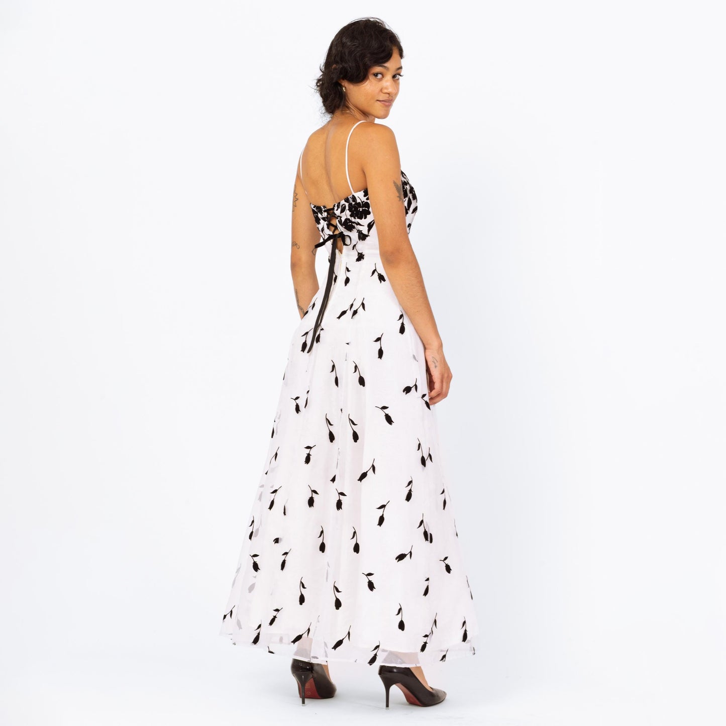 Vintage 90s Black & White Falling Floral Evening Gown - Extra Small | Gothic Sleeveless Formal Maxi Prom Dress, Ball Gown Wedding Dress