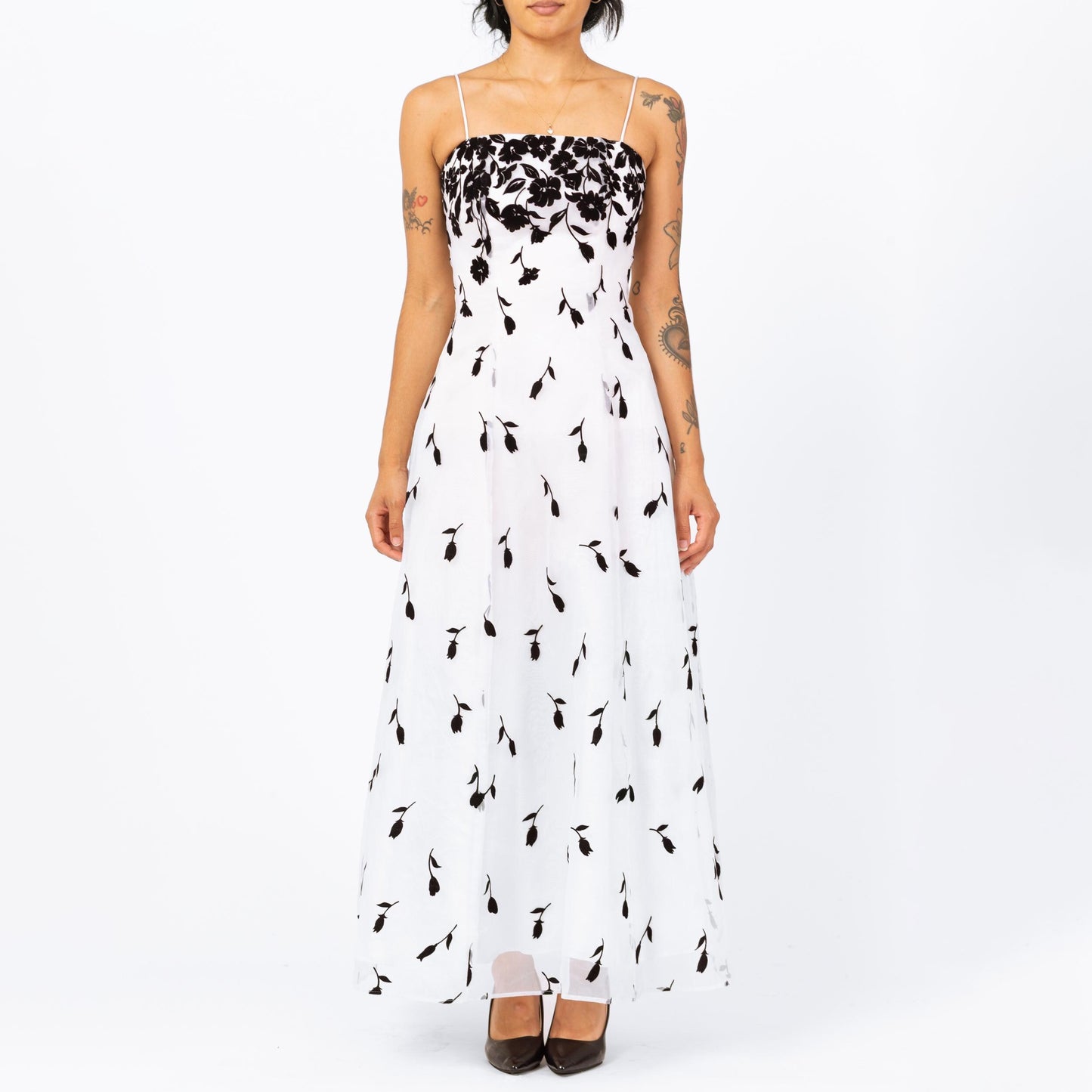 Vintage 90s Black & White Falling Floral Evening Gown - Extra Small | Gothic Sleeveless Formal Maxi Prom Dress, Ball Gown Wedding Dress
