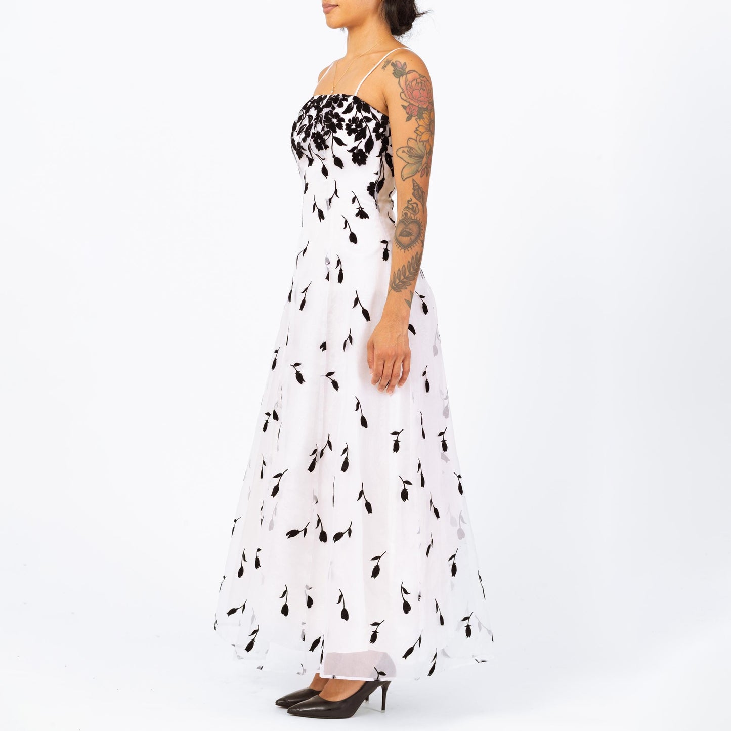 Vintage 90s Black & White Falling Floral Evening Gown - Extra Small | Gothic Sleeveless Formal Maxi Prom Dress, Ball Gown Wedding Dress