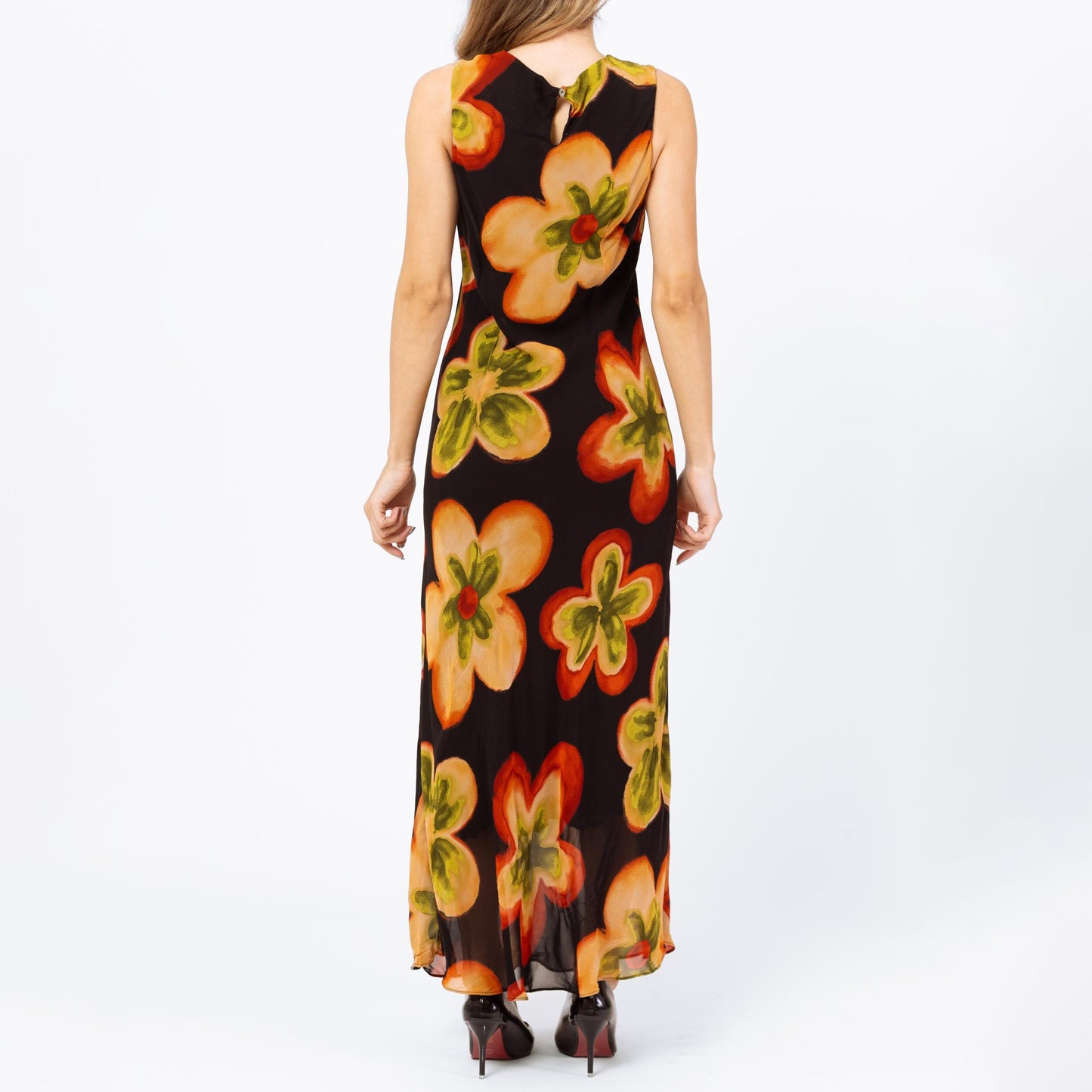 Vintage 90s Black Floral Bias Cut Maxi Dress - Small | Boho Summer Wedding Guest Dress, Sleeveless Formal Garden Party Gown