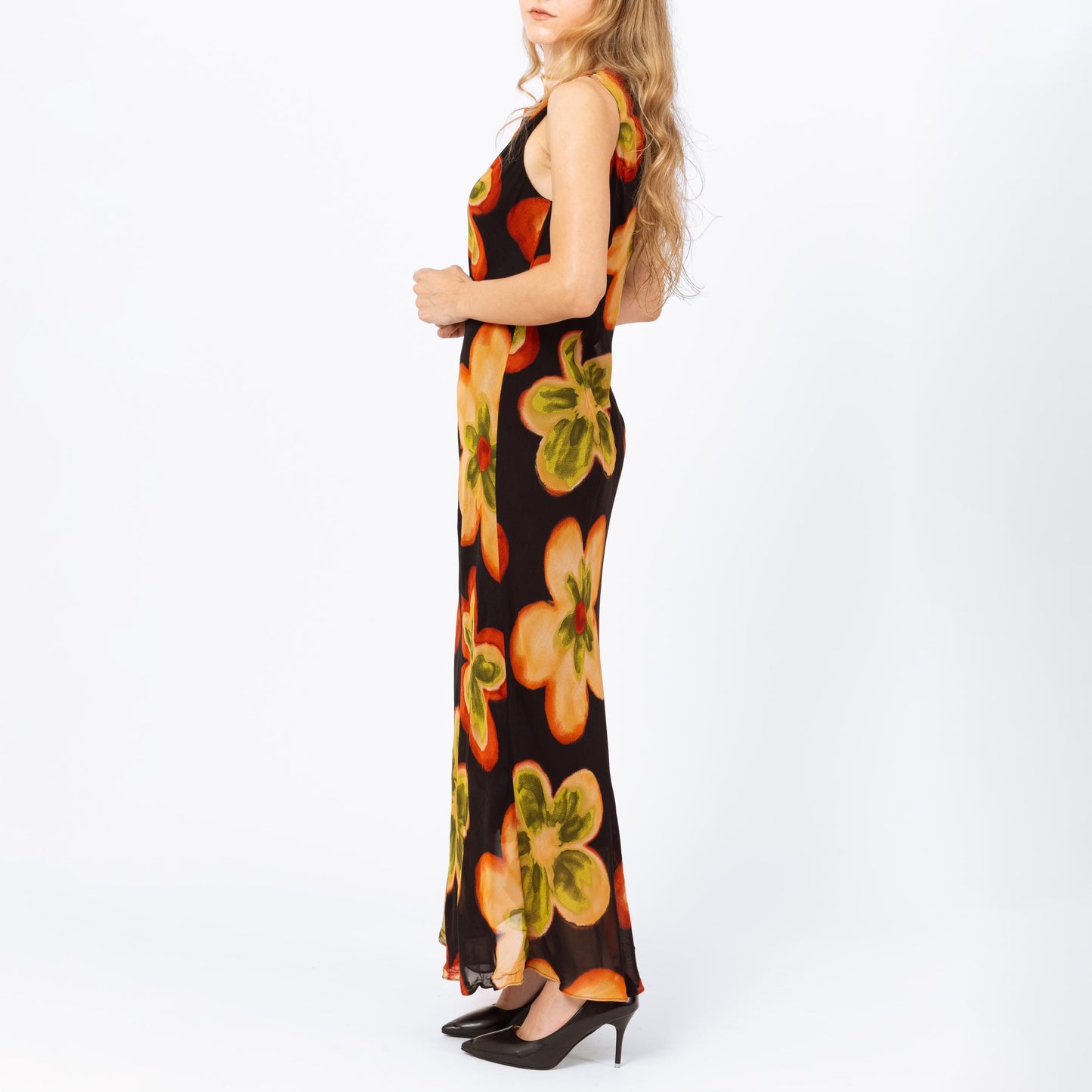Vintage 90s Black Floral Bias Cut Maxi Dress - Small | Boho Summer Wedding Guest Dress, Sleeveless Formal Garden Party Gown