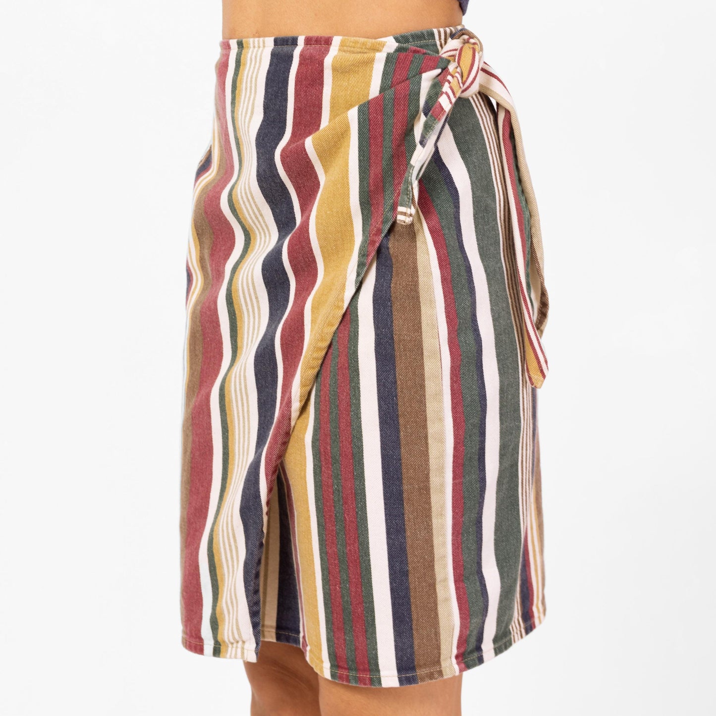 Vintage 90s Denim Earth Tone Striped Mini Wrap Skirt - Small, 25"-27" Waist | Green Red A Line Pencil Miniskirt