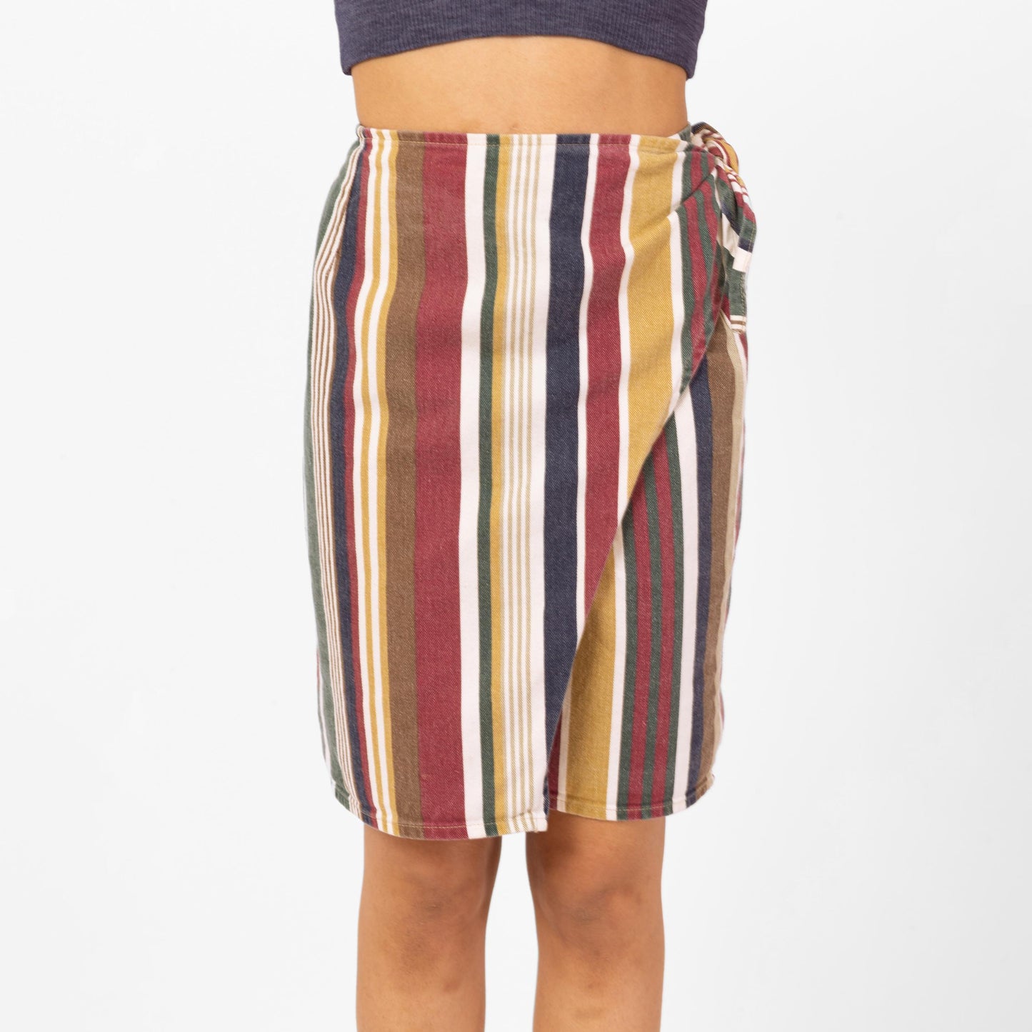 Vintage 90s Denim Earth Tone Striped Mini Wrap Skirt - Small, 25"-27" Waist | Green Red A Line Pencil Miniskirt