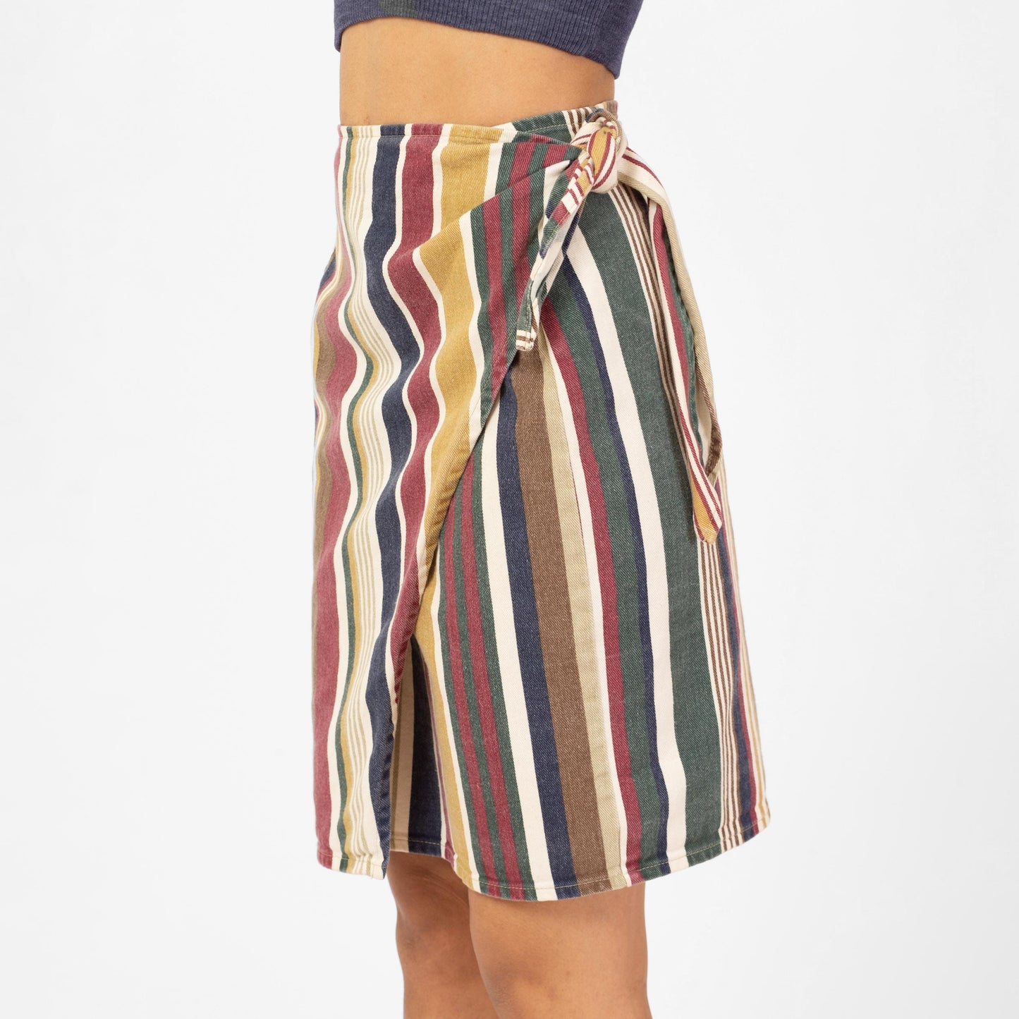 Vintage 90s Denim Earth Tone Striped Mini Wrap Skirt - Small, 25"-27" Waist | Green Red A Line Pencil Miniskirt