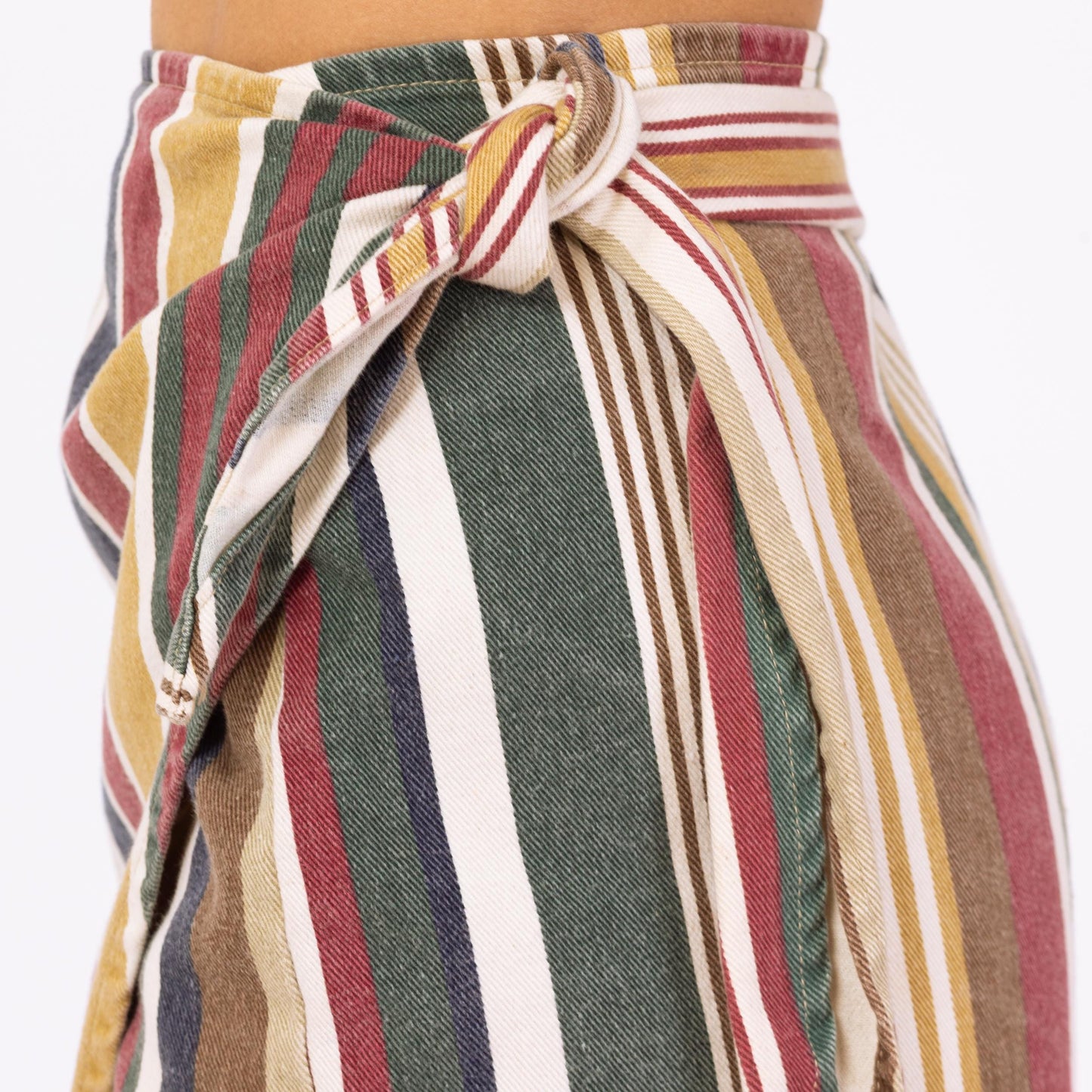 Vintage 90s Denim Earth Tone Striped Mini Wrap Skirt - Small, 25"-27" Waist | Green Red A Line Pencil Miniskirt