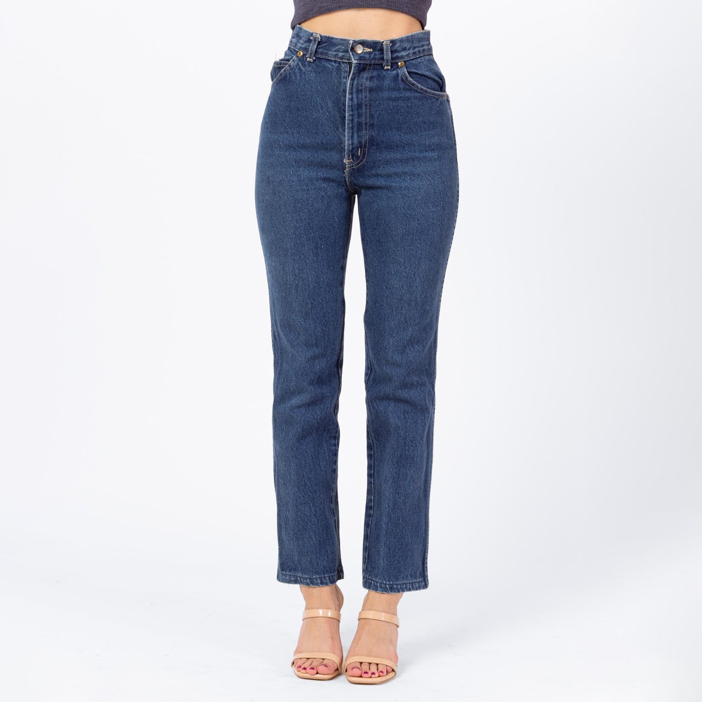 Vintage 80s Chic High Waisted Straight Leg Jeans - XXS, 23" | Yoked Waist Dark Wash Denim Petite Skinny Jeans