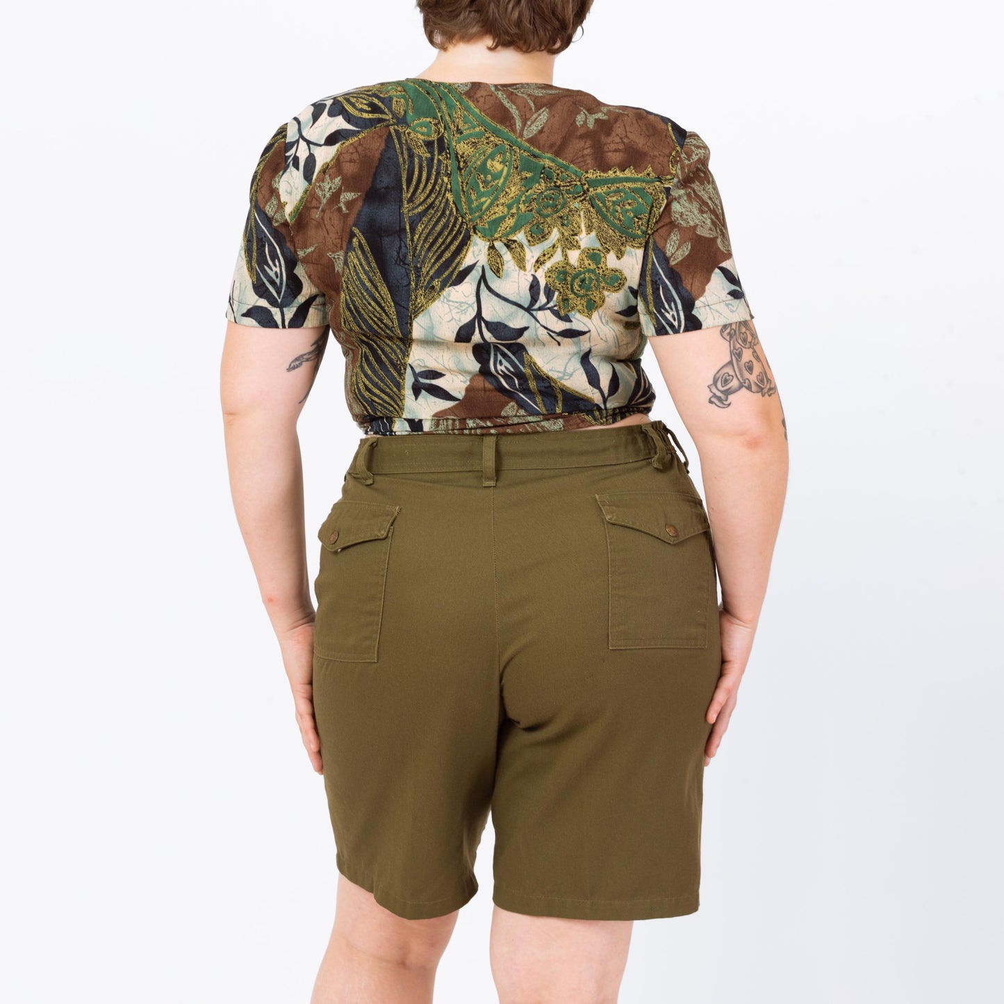 Vintage 90s Green Tropical Floral Tie Front Crop Top - Extra Large | Boho Short Sleeve Cropped Blouse, Deep V Neck Shirt
