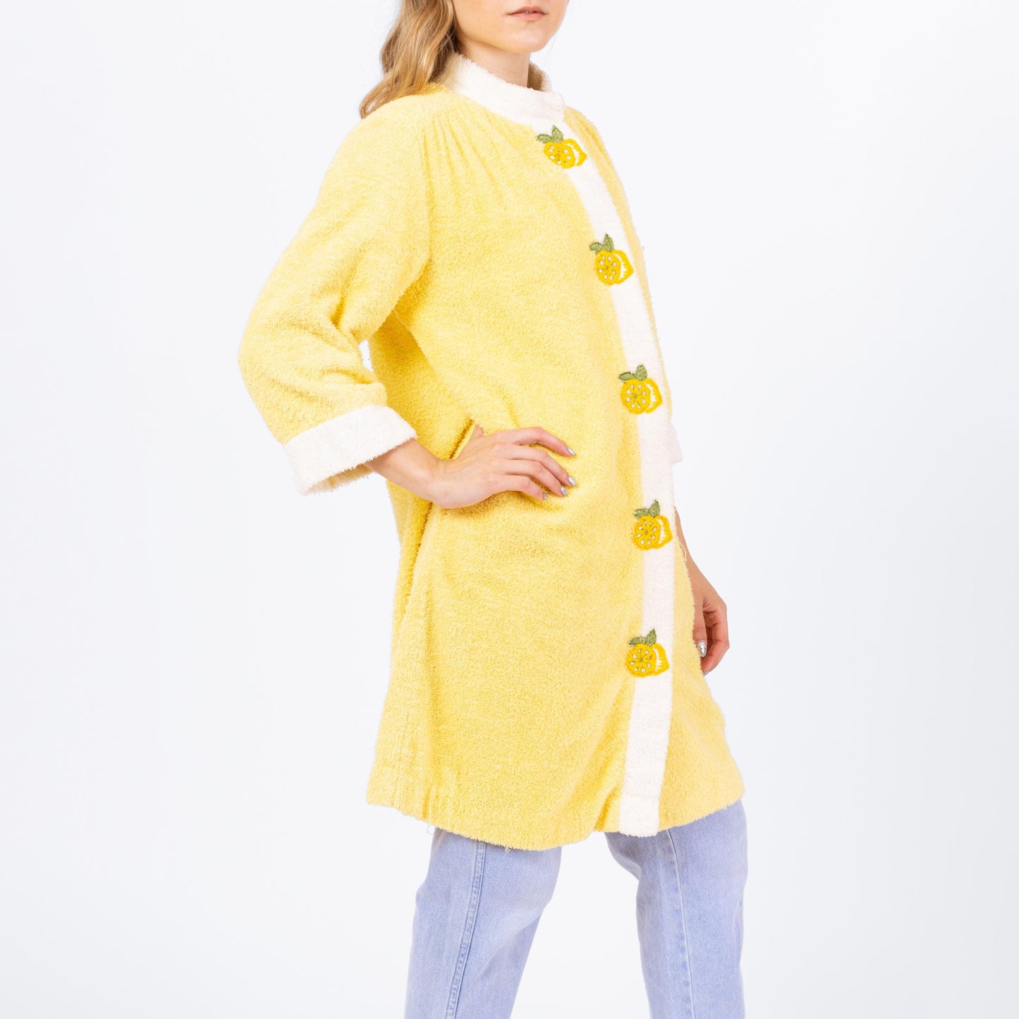 Vintage 70s Lemon Yellow Terrycloth House Coat - Small | Retro Loungewear Robe, Kitsch Novelty Embroidered Jacket