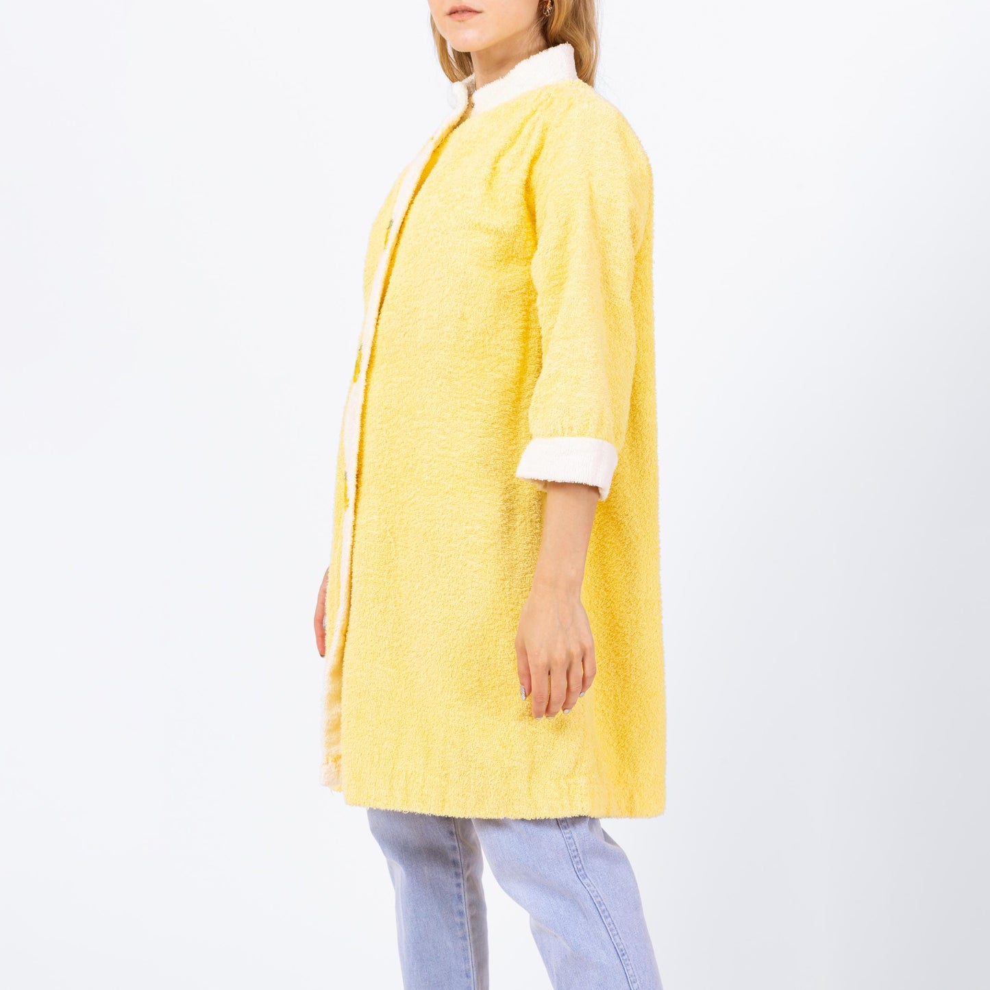 Vintage 70s Lemon Yellow Terrycloth House Coat - Small | Retro Loungewear Robe, Kitsch Novelty Embroidered Jacket