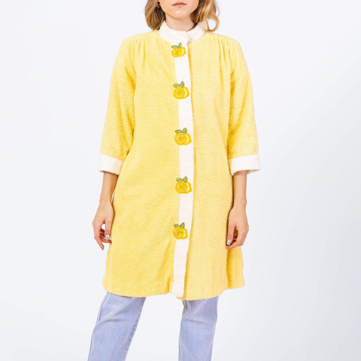 Vintage 70s Lemon Yellow Terrycloth House Coat - Small | Retro Loungewear Robe, Kitsch Novelty Embroidered Jacket