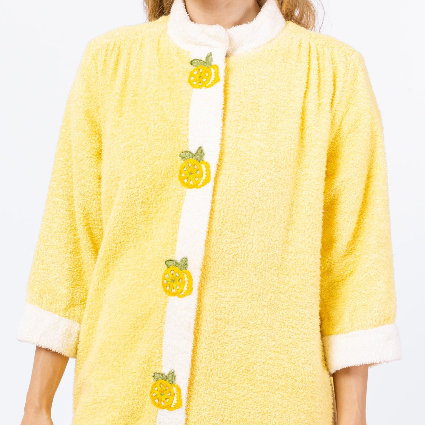 Vintage 70s Lemon Yellow Terrycloth House Coat - Small | Retro Loungewear Robe, Kitsch Novelty Embroidered Jacket