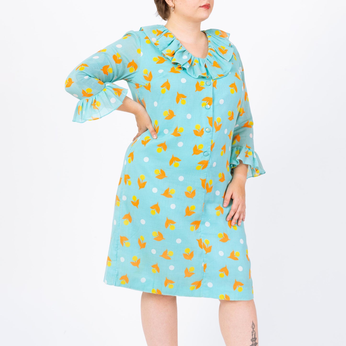 Vintage 60s Aqua Blue Floral Polka Dot Print House Dress - Extra Large | 1960s Retro 3/4 Sleeve Ruffle Collar A Line Midi Shift Dress