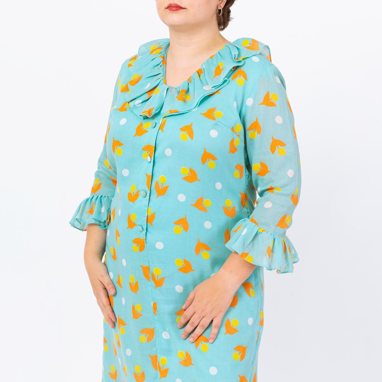 Vintage 60s Aqua Blue Floral Polka Dot Print House Dress - Extra Large | 1960s Retro 3/4 Sleeve Ruffle Collar A Line Midi Shift Dress