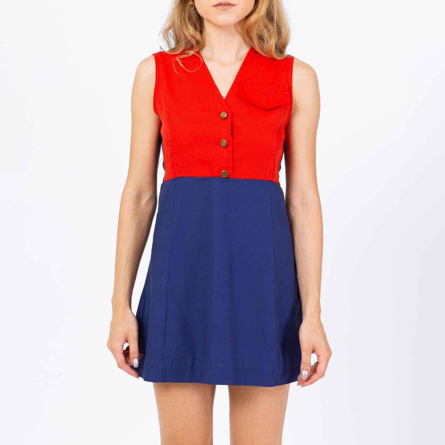 Vintage 60s Camp Fire Girls Uniform Dress - Petite XS | Mod Blue Red Color Block A Line Micro Mini Dress