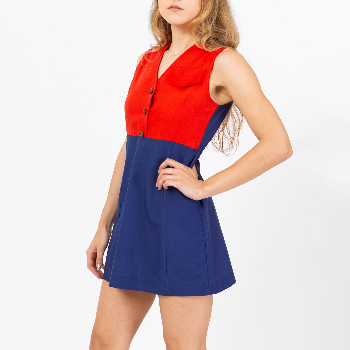 Vintage 60s Camp Fire Girls Uniform Dress - Petite XS | Mod Blue Red Color Block A Line Micro Mini Dress
