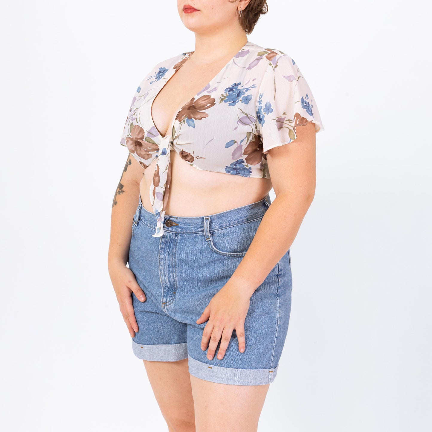 Vintage 90s Sheer White Floral Tie Front Crop Top - Large | Flutter Sleeve Cropped Blouse, Deep V Neck Shirt