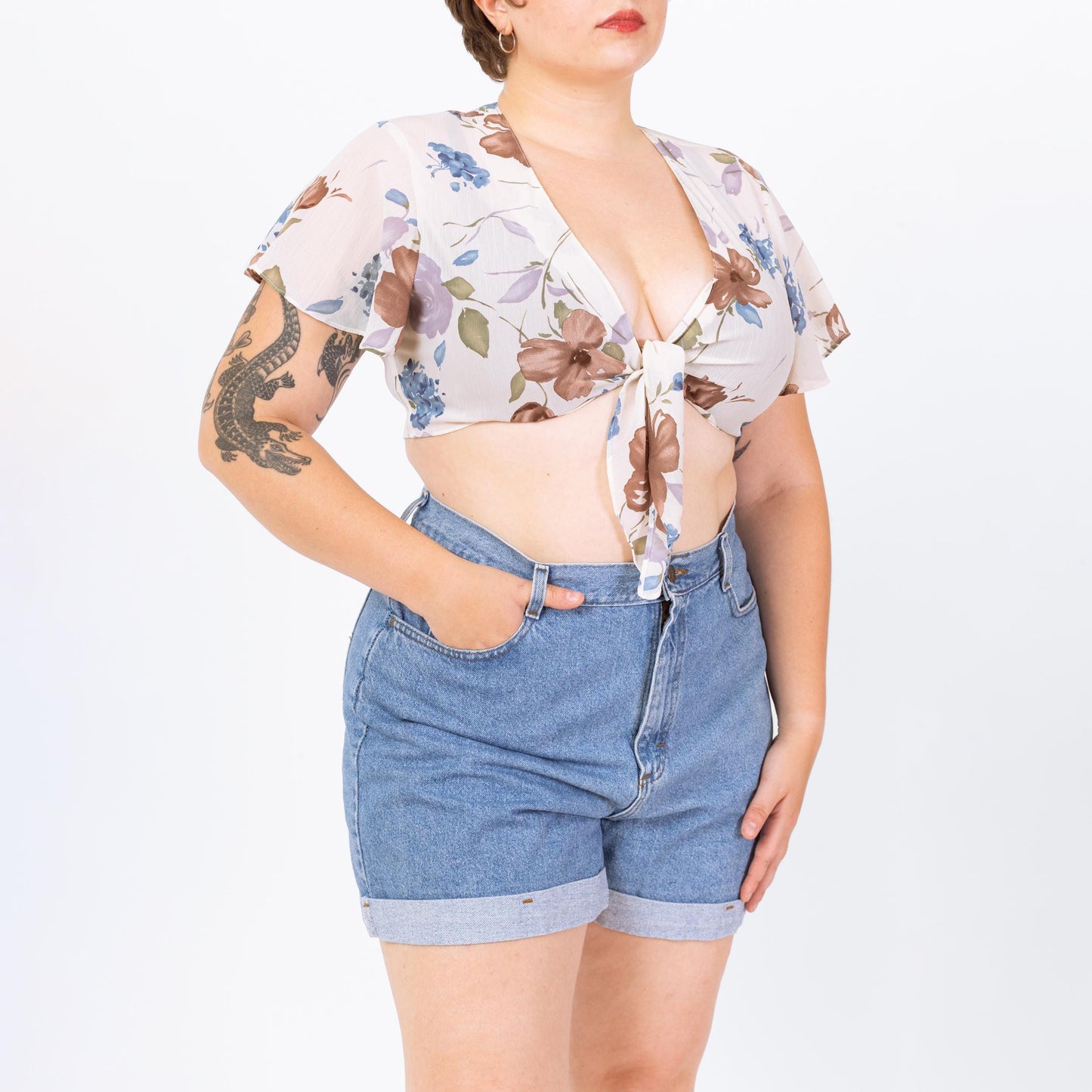 Vintage 90s Sheer White Floral Tie Front Crop Top - Large | Flutter Sleeve Cropped Blouse, Deep V Neck Shirt