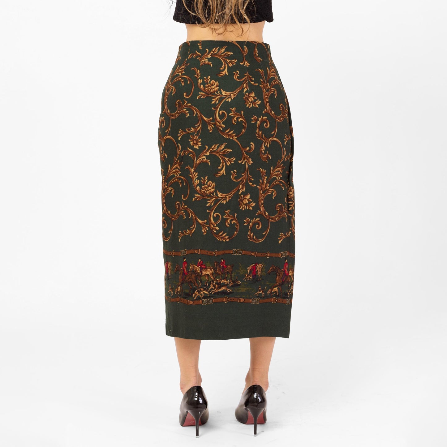 Vintage 90s Equestrian Print Midi Skirt - Extra Small, 24" Waist | Forest Green Baroque Fox Hunt High Waisted Faux Wrap Skirt