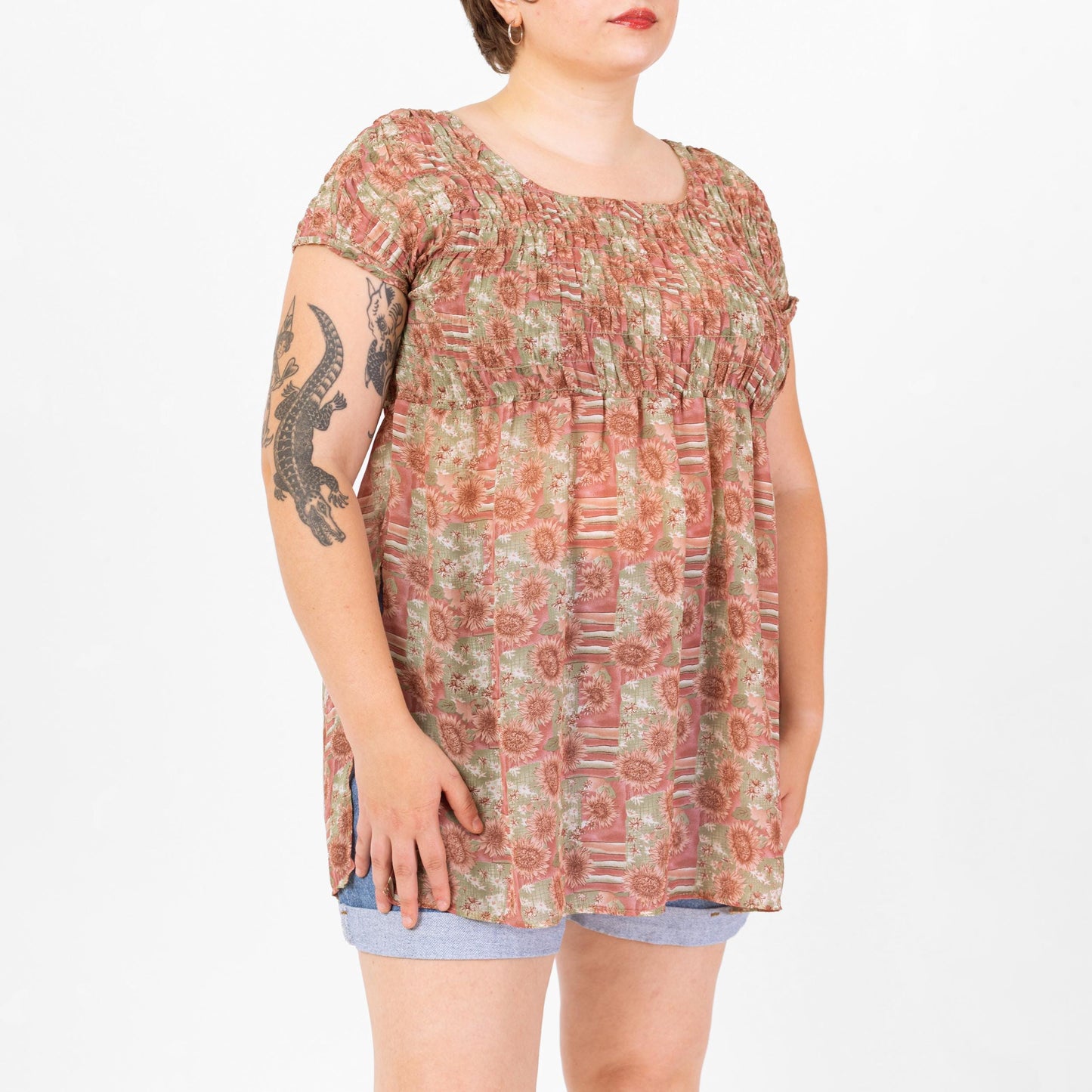 Vintage 90s Floral Shirred Bodice Babydoll Top - Large | Micro Mini Dress Layering Piece, Boho Short Sleeve Blouse
