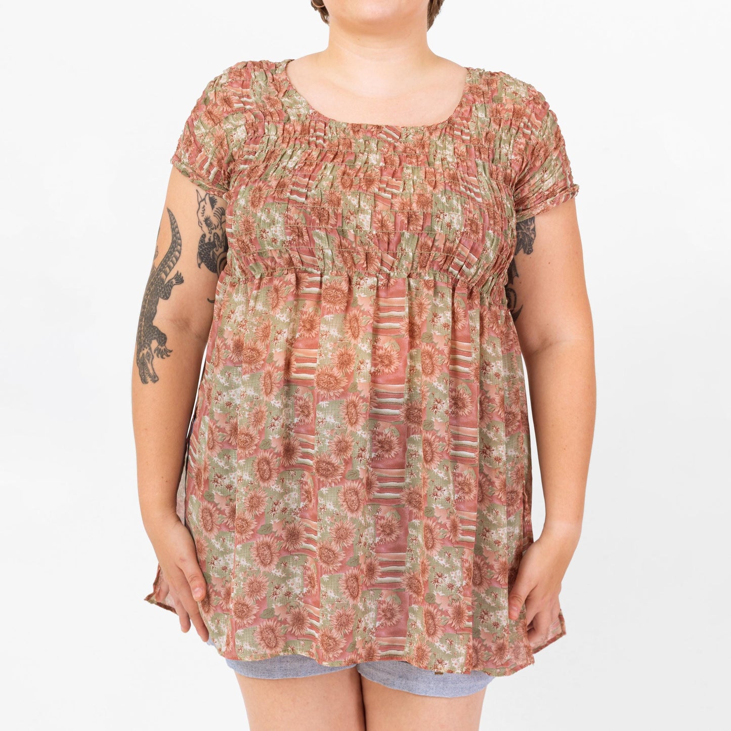 Vintage 90s Floral Shirred Bodice Babydoll Top - Large | Micro Mini Dress Layering Piece, Boho Short Sleeve Blouse