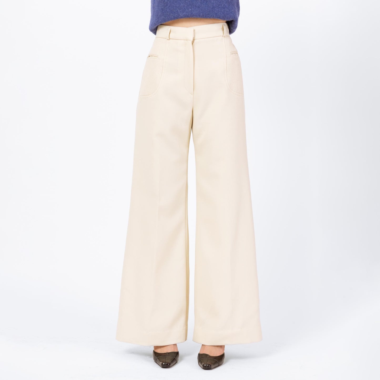 Vintage 70s Cream High Waisted Flared Pants - Extra Small, 24" Waist | Boho Wide Leg Disco Style Retro Festival Bell Bottom Trousers