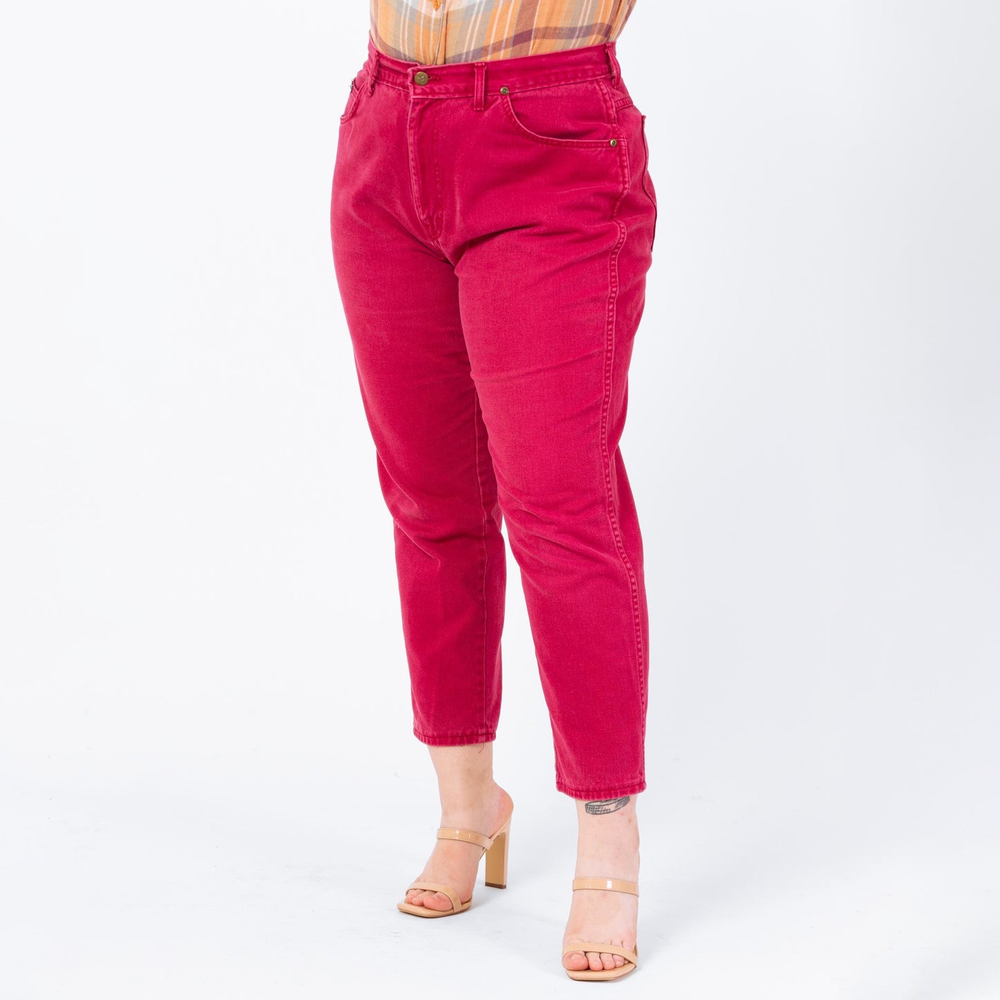 Vintage 80s Hot Pink Flamingo Patch Jeans - Extra Large, 35" Waist | Chic High Waisted Tapered Leg Soft Cotton Denim Mom Jeans