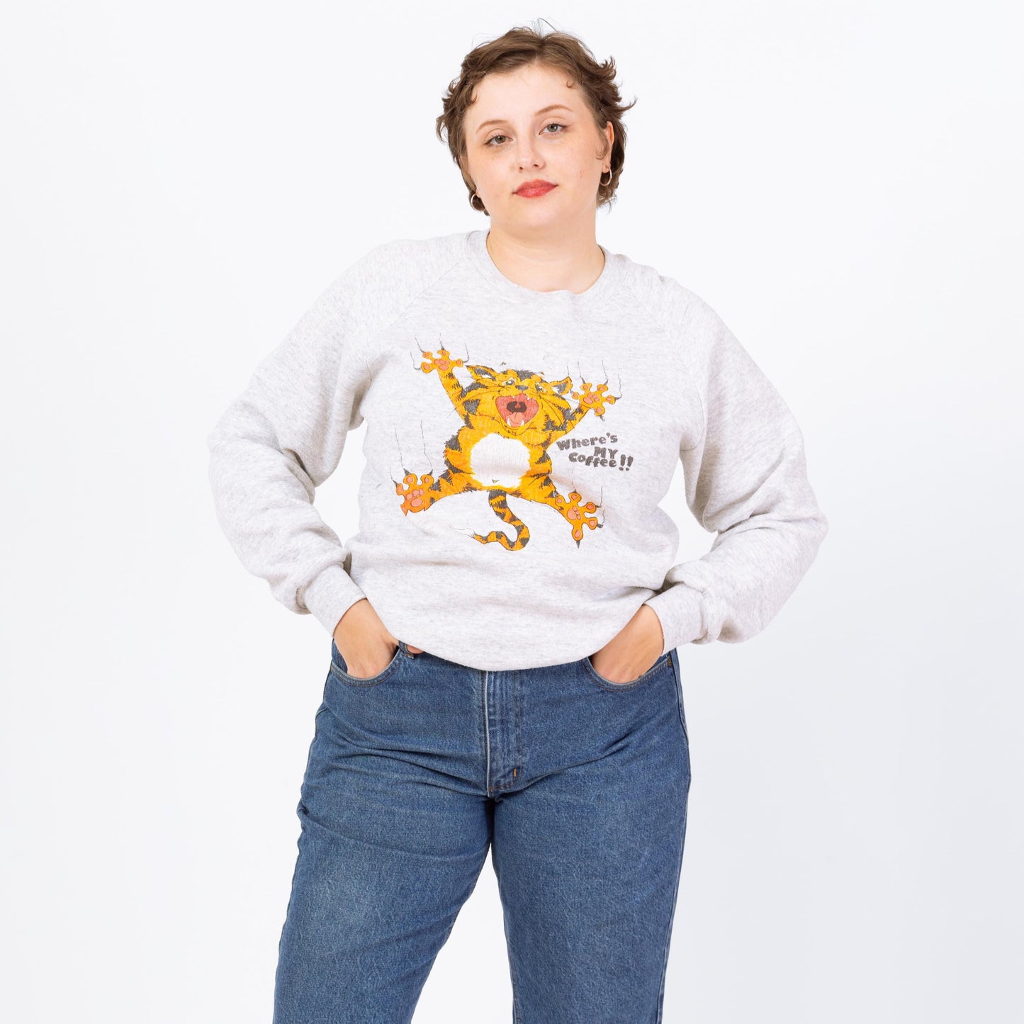 Vintage 90s "Where's My Coffee!" Angry Cat Sweatshirt - Large | Funny Animal Graphic Heather Grey Crewneck Pullover