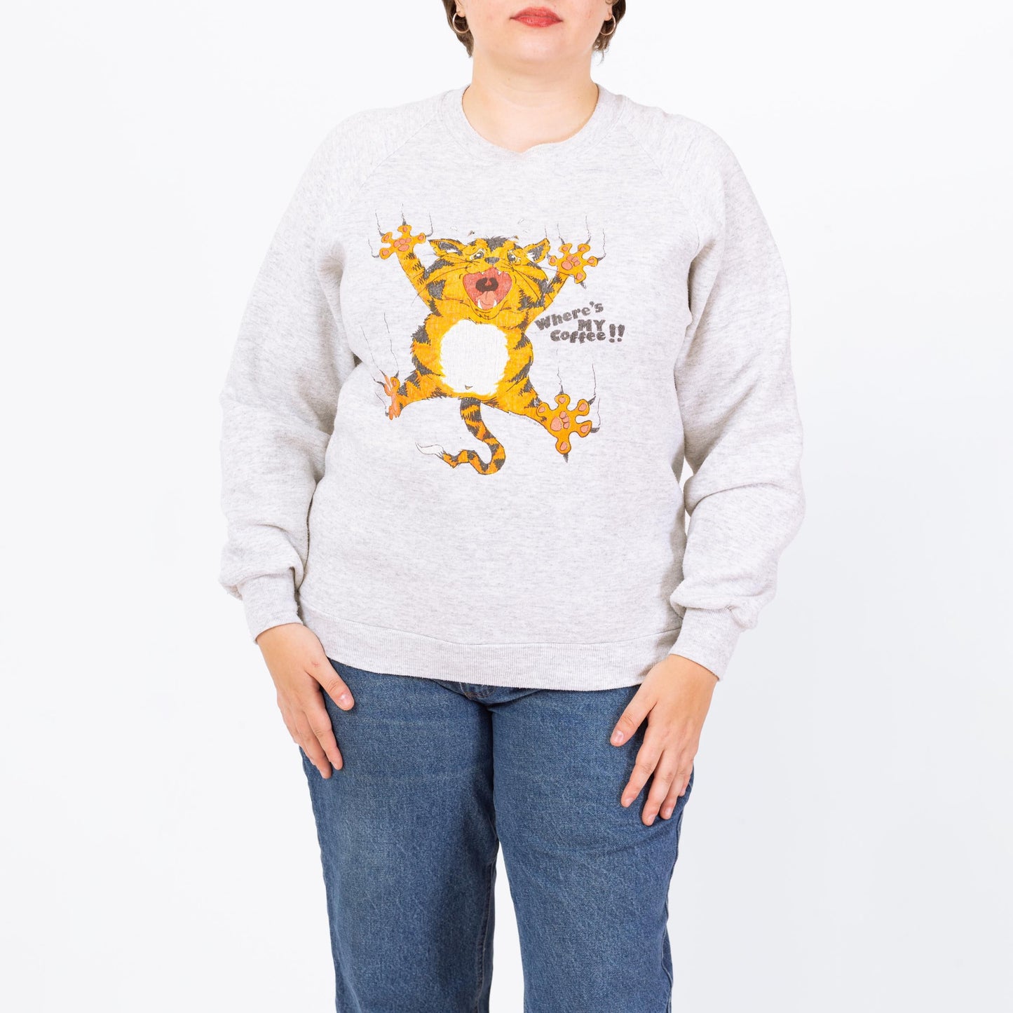 Vintage 90s "Where's My Coffee!" Angry Cat Sweatshirt - Large | Funny Animal Graphic Heather Grey Crewneck Pullover