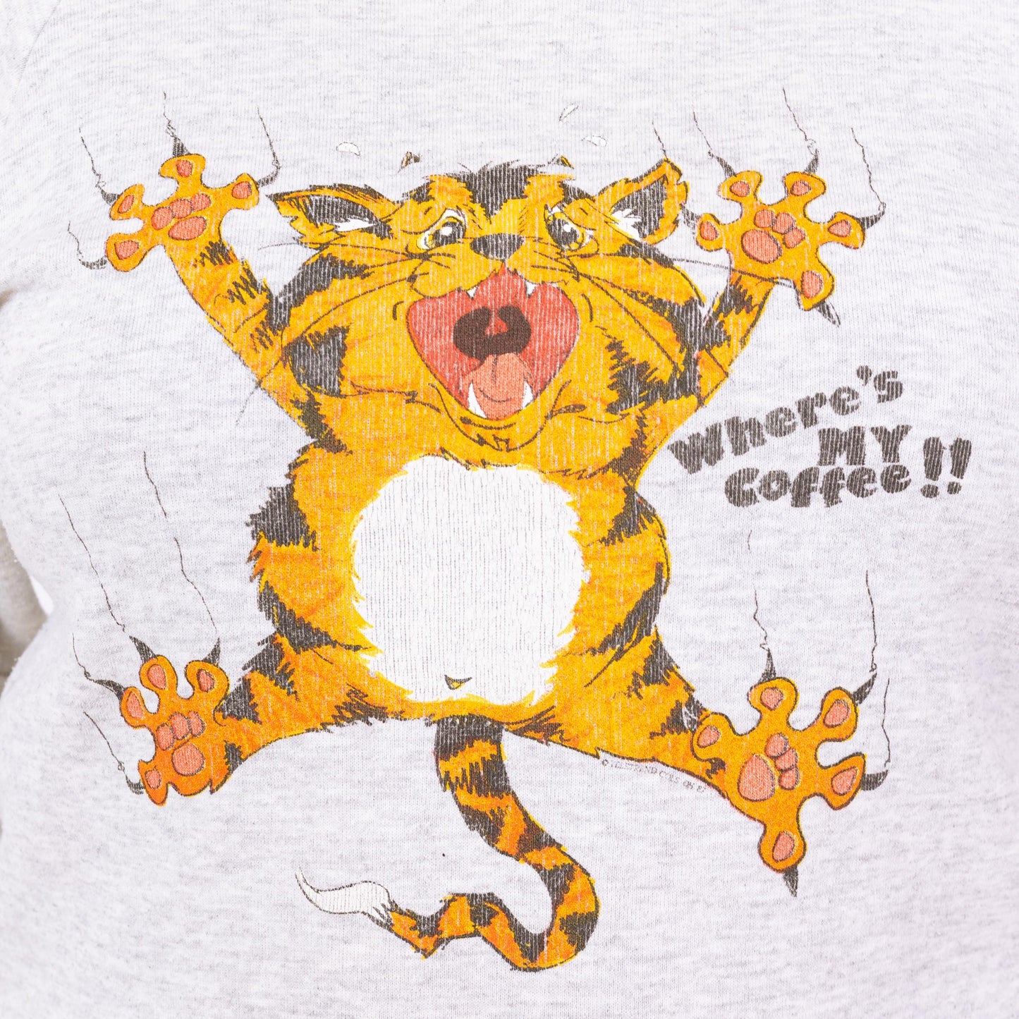 Vintage 90s "Where's My Coffee!" Angry Cat Sweatshirt - Large | Funny Animal Graphic Heather Grey Crewneck Pullover