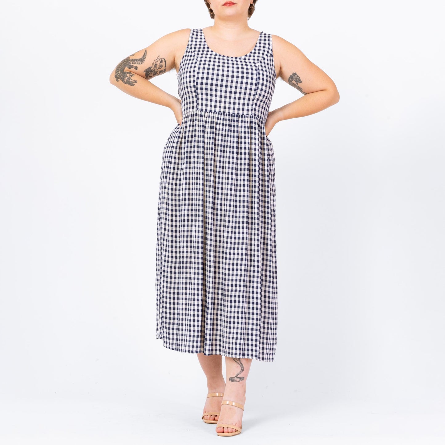 Vintage 90s Navy Blue & White Gingham Maxi Sundress - Large | Sleeveless Scoop Neck Grunge Summer Dress