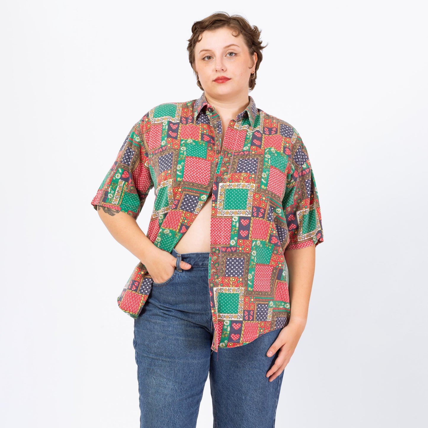 Vintage 90s Heart & Floral Patchwork Print Button Up Shirt - Men's Large, Women's XL | Retro Kitsch Short Sleeve Collared Bandana Top