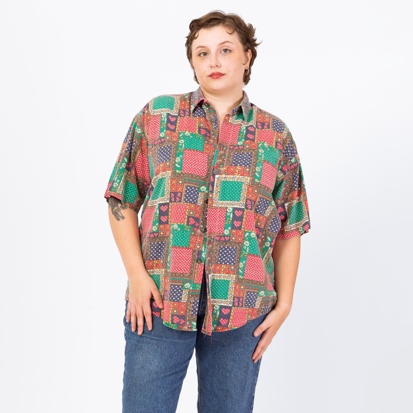 Vintage 90s Heart & Floral Patchwork Print Button Up Shirt - Men's Large, Women's XL | Retro Kitsch Short Sleeve Collared Bandana Top