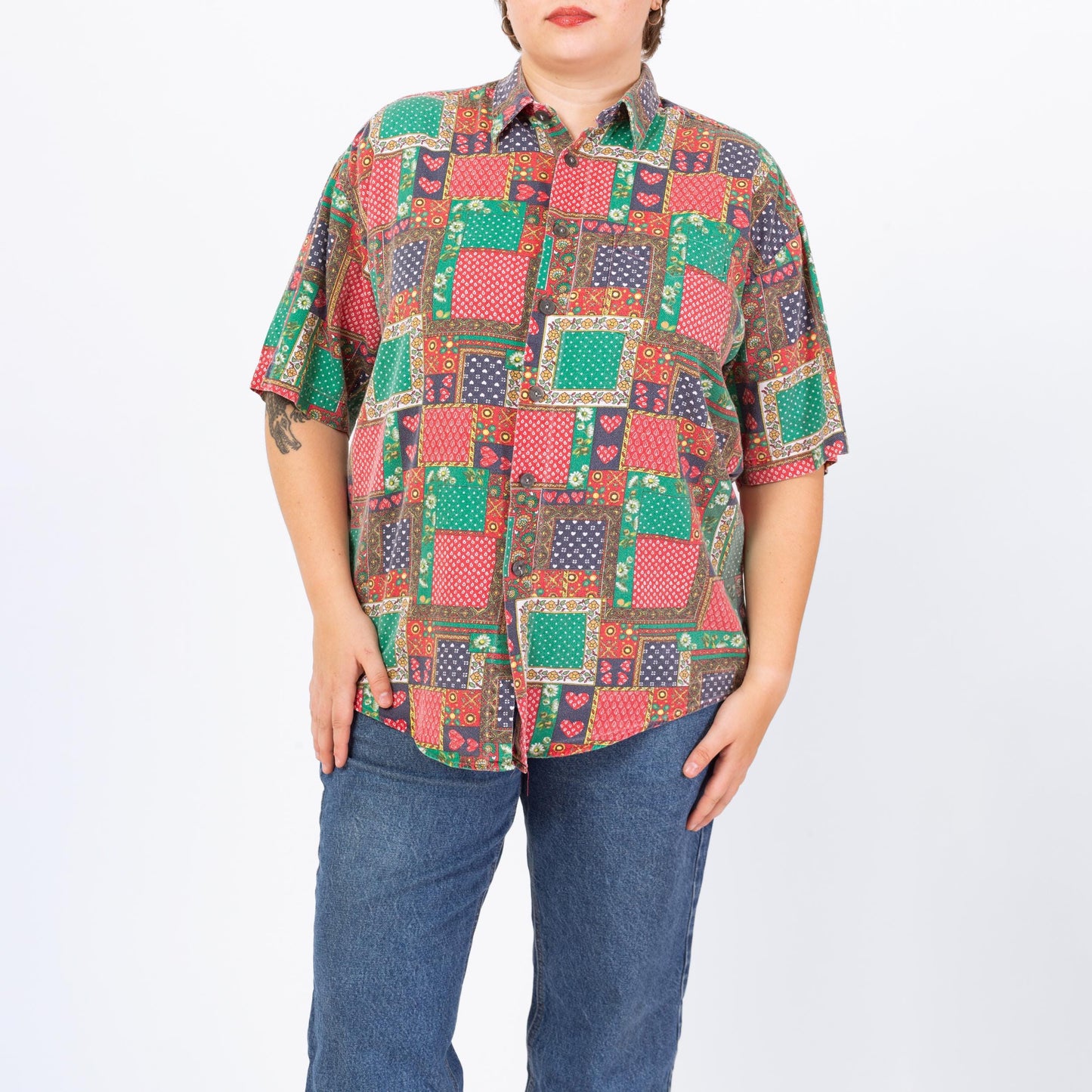 Vintage 90s Heart & Floral Patchwork Print Button Up Shirt - Men's Large, Women's XL | Retro Kitsch Short Sleeve Collared Bandana Top