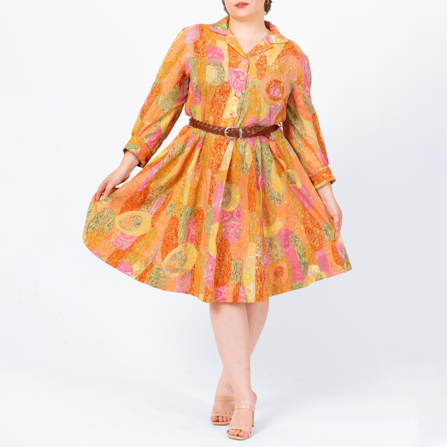 Vintage 60s Orange Marbled Patchwork Print Day Dress - 1X | Retro Long Sleeve Shirtwaist Midi Dress