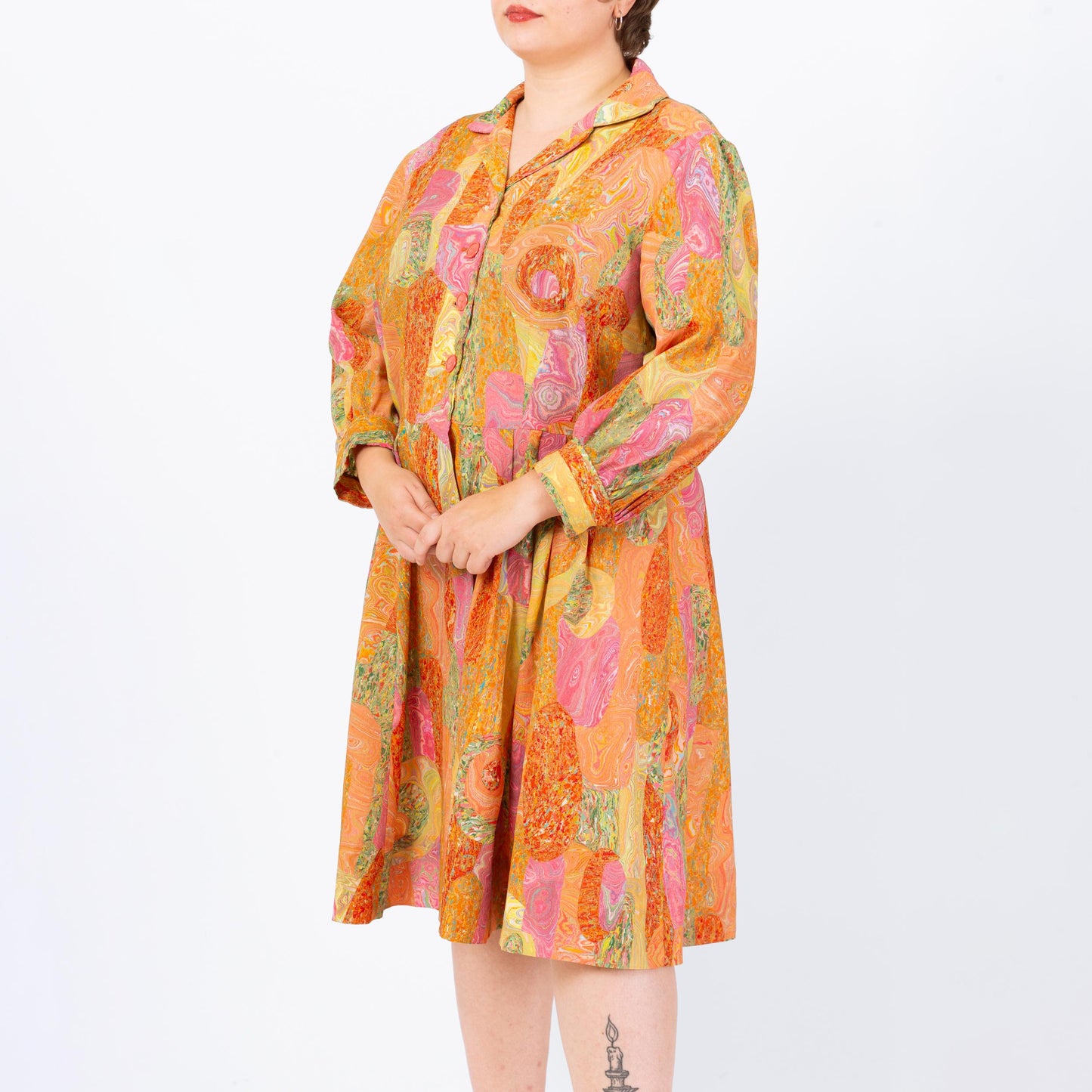 Vintage 60s Orange Marbled Patchwork Print Day Dress - 1X | Retro Long Sleeve Shirtwaist Midi Dress