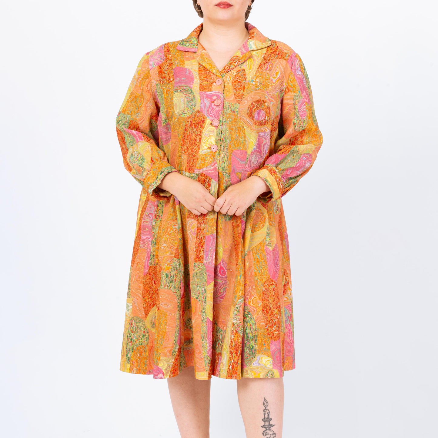 Vintage 60s Orange Marbled Patchwork Print Day Dress - 1X | Retro Long Sleeve Shirtwaist Midi Dress