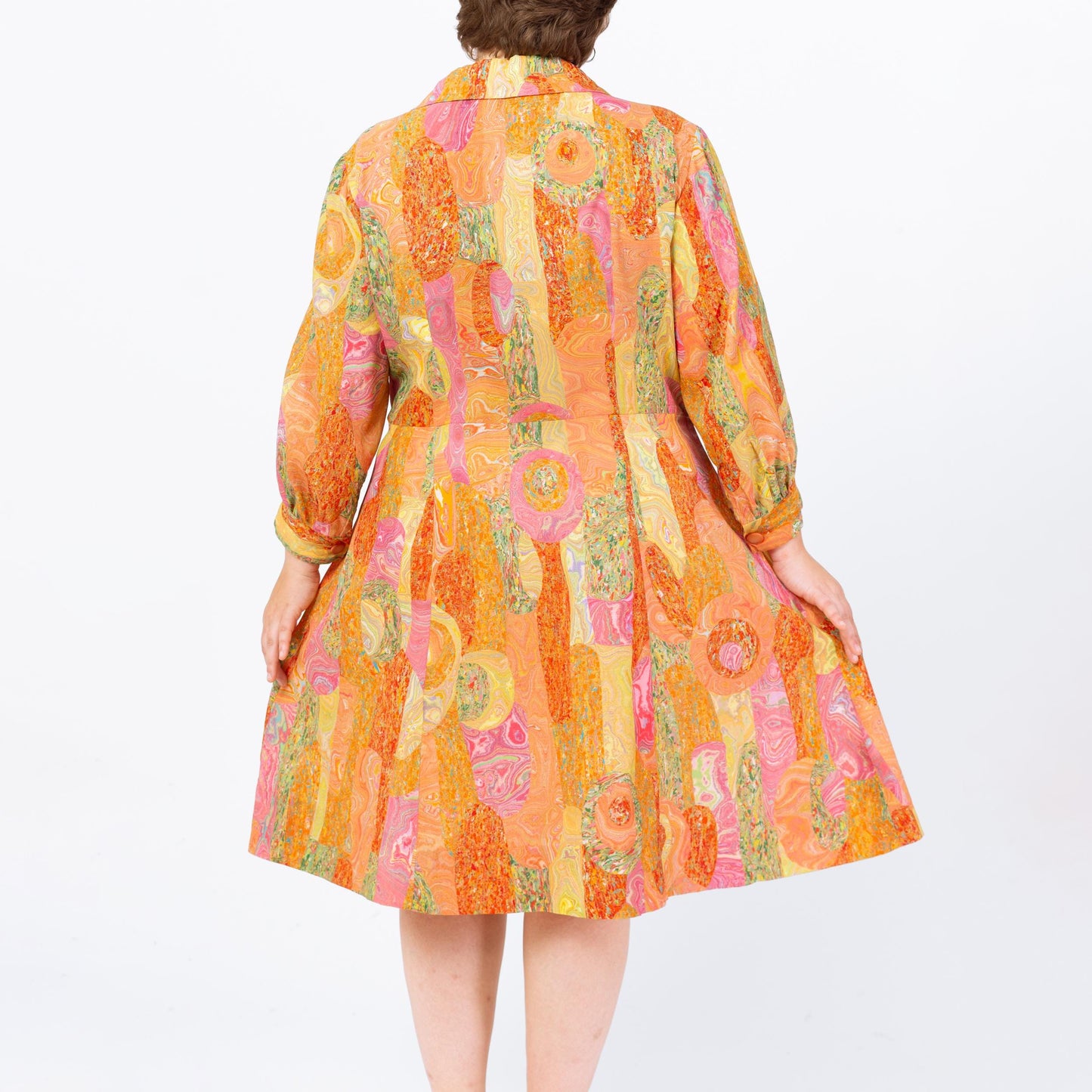 Vintage 60s Orange Marbled Patchwork Print Day Dress - 1X | Retro Long Sleeve Shirtwaist Midi Dress
