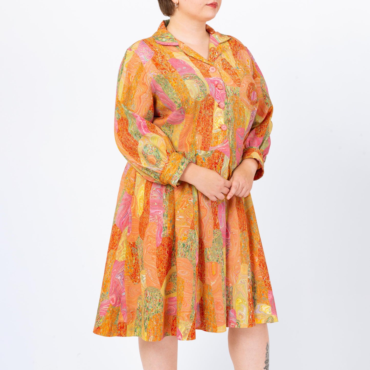 Vintage 60s Orange Marbled Patchwork Print Day Dress - 1X | Retro Long Sleeve Shirtwaist Midi Dress