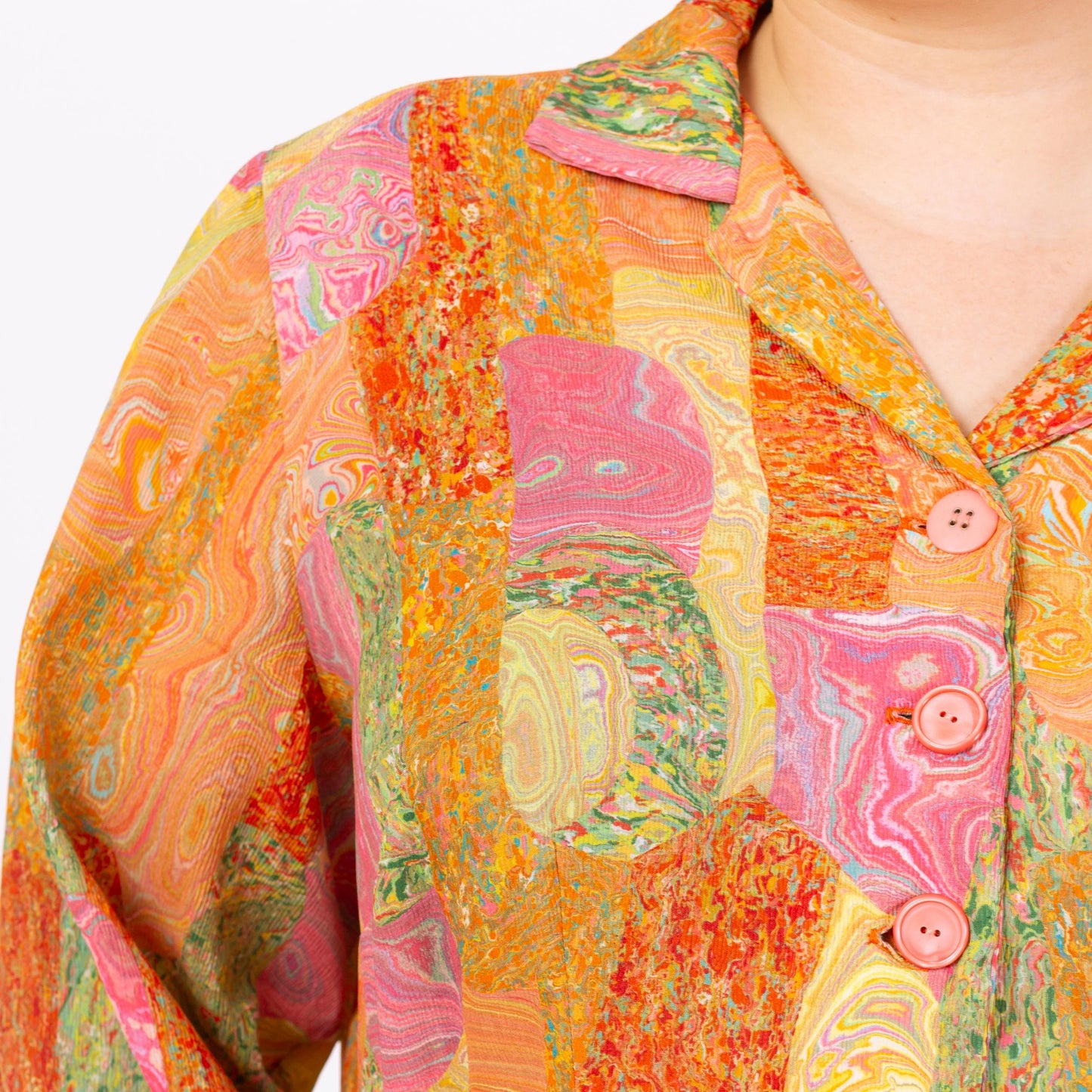 Vintage 60s Orange Marbled Patchwork Print Day Dress - 1X | Retro Long Sleeve Shirtwaist Midi Dress