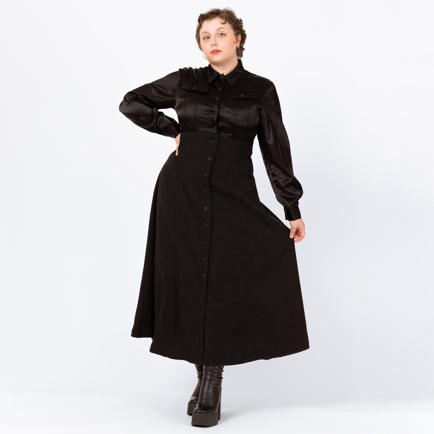 Vintage 90s Witchy Black Satin Bodice Maxi Dress - Large | Gothic Long Sleeve Button Up Shirtdress