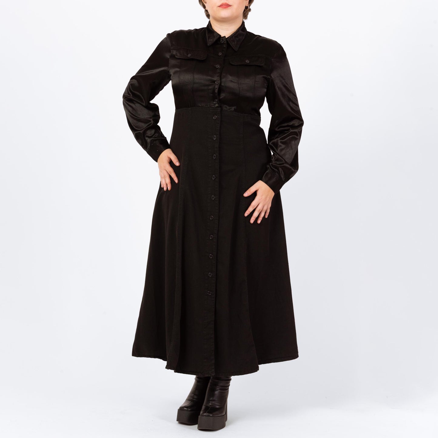 Vintage 90s Witchy Black Satin Bodice Maxi Dress - Large | Gothic Long Sleeve Button Up Shirtdress