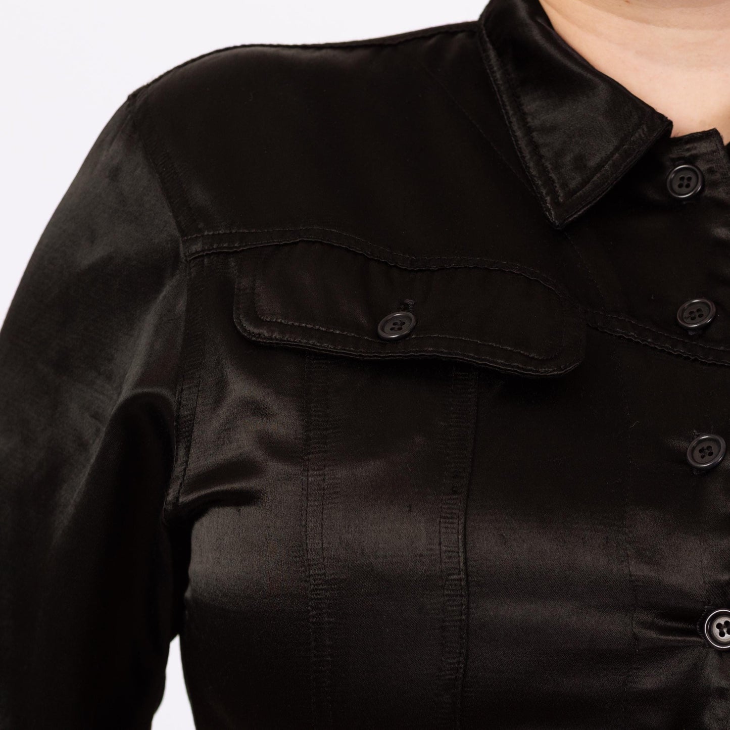 Vintage 90s Witchy Black Satin Bodice Maxi Dress - Large | Gothic Long Sleeve Button Up Shirtdress