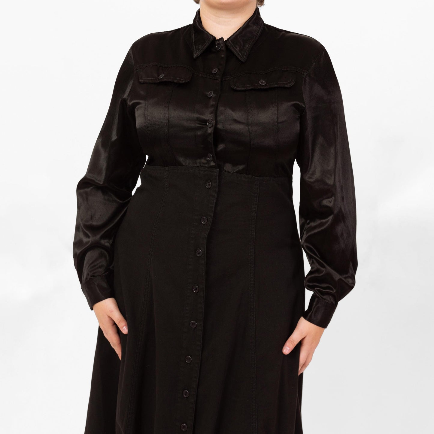 Vintage 90s Witchy Black Satin Bodice Maxi Dress - Large | Gothic Long Sleeve Button Up Shirtdress